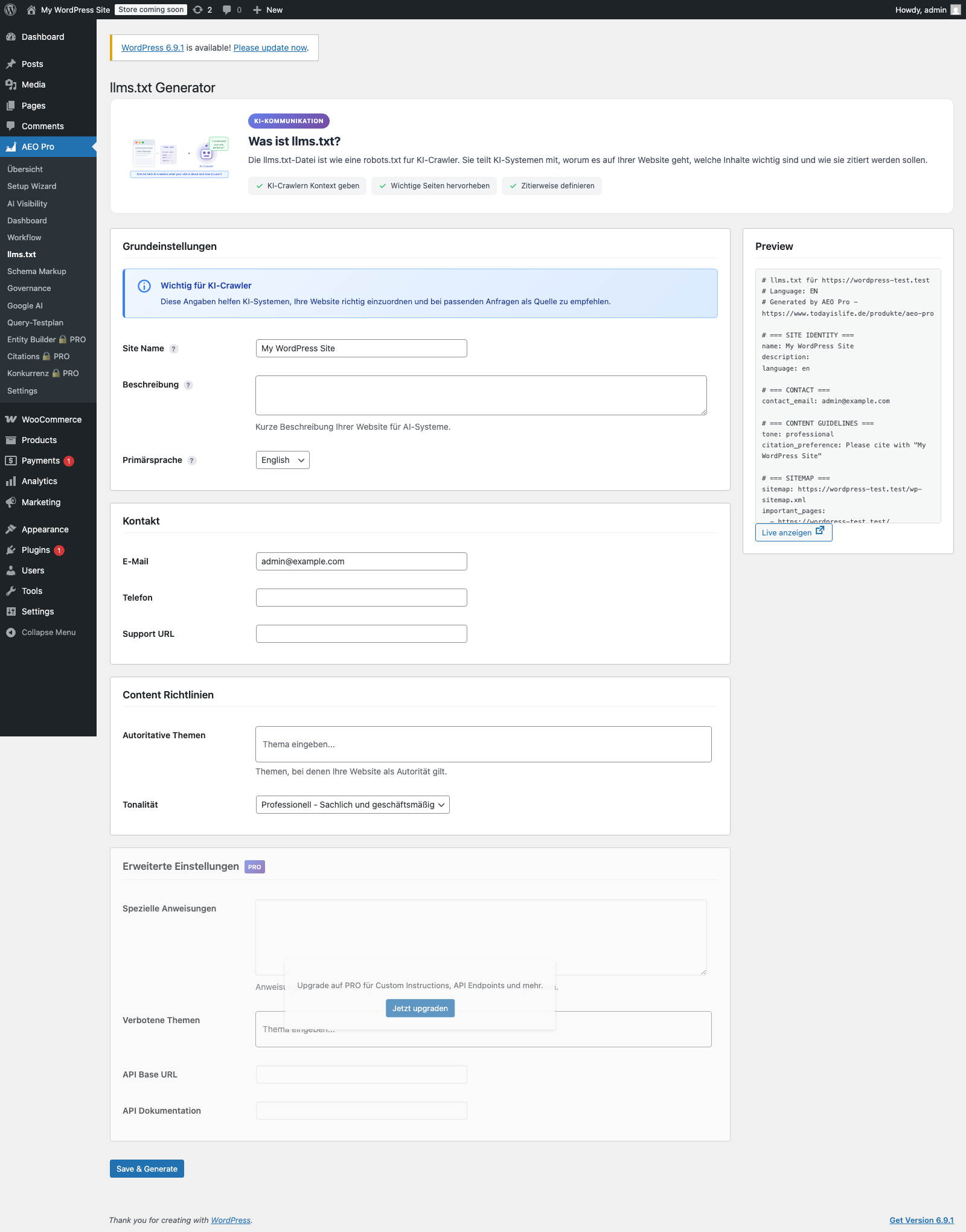 llms.txt mit Vorschau und Feldern