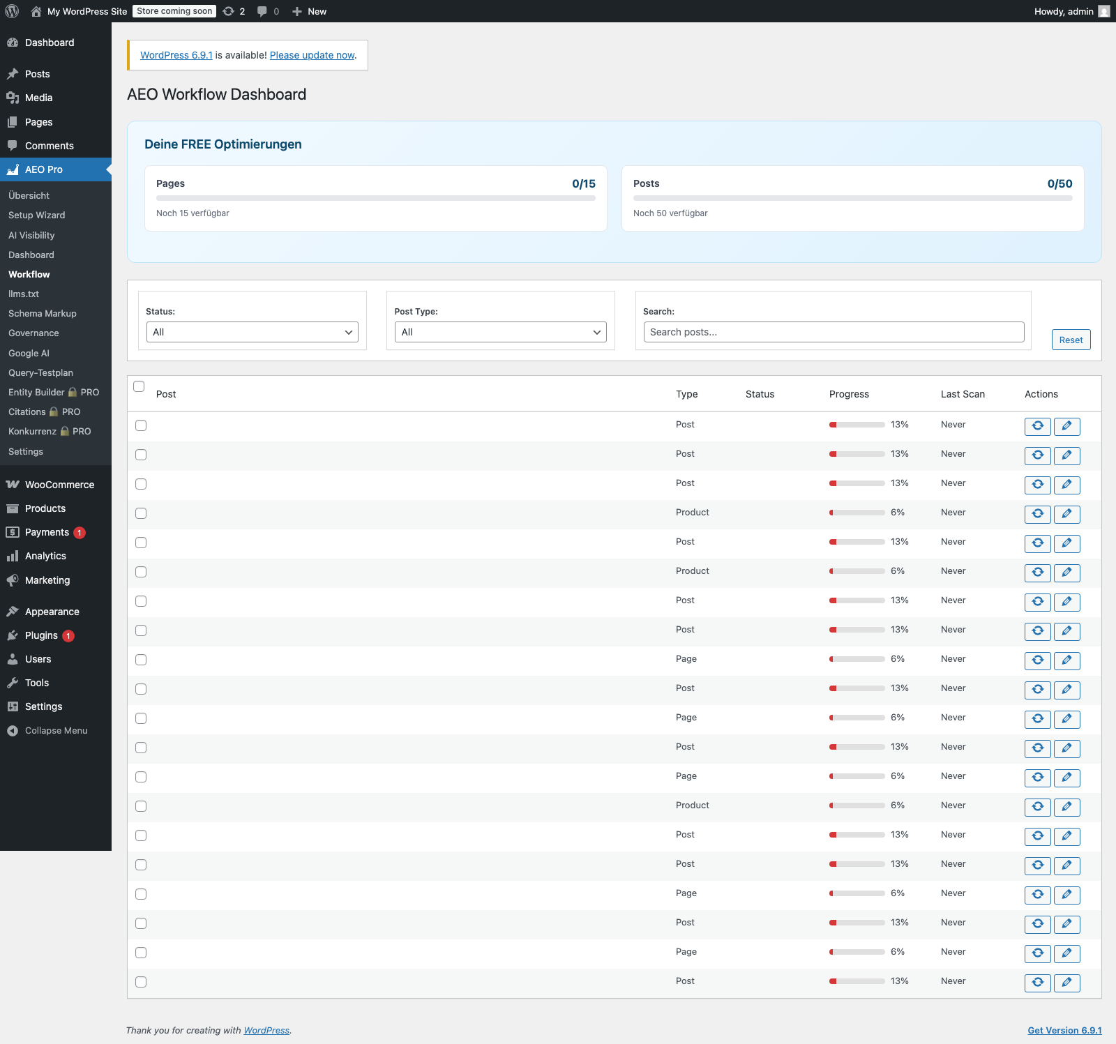 Workflow-Dashboard aus AEO Pro